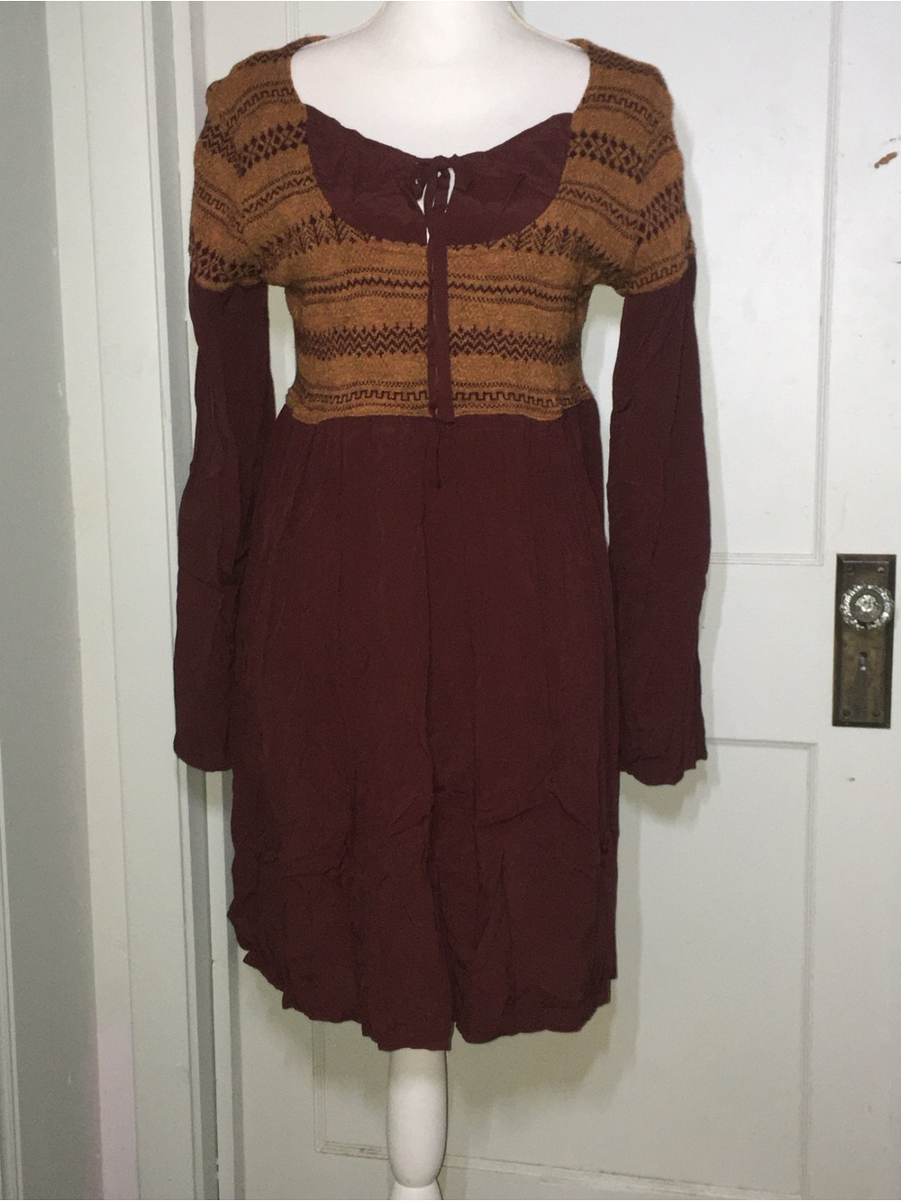 Urban Outfitters Long-Sleeve Two-Tone Brown Knit Yoke Dress